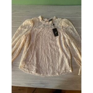 Adrienne Papell womens medium‎ champagne ruffle neck all over lace long